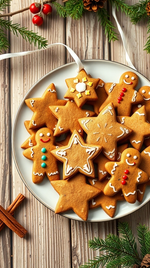 Simple Gingerbread Cookies Recipe A festive plate of gingerbread cookies decorated with icing, surrounded by holiday decorations.